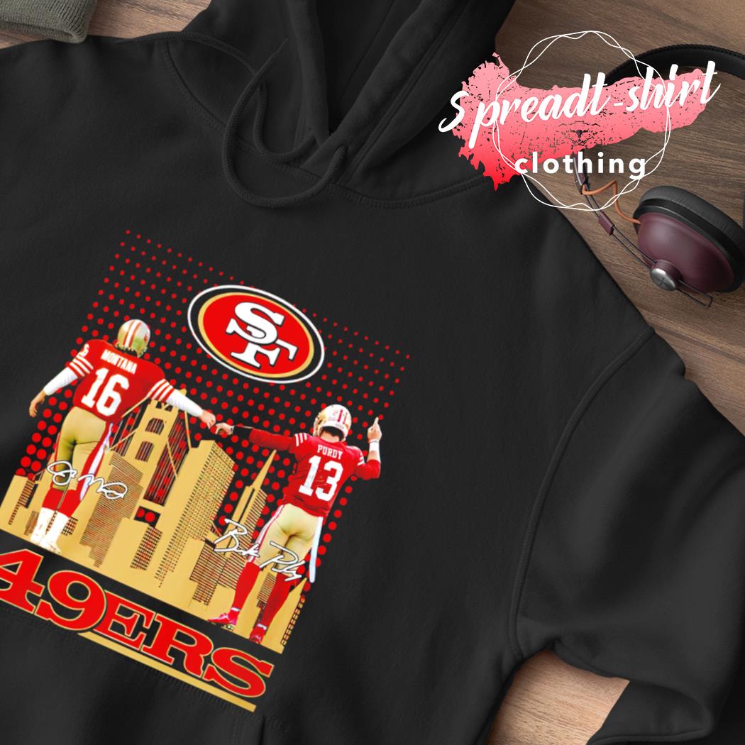 Joe Montana and Brock Purdy San Francisco 49ers city skyline signatures  shirt, hoodie, sweater, long sleeve and tank top