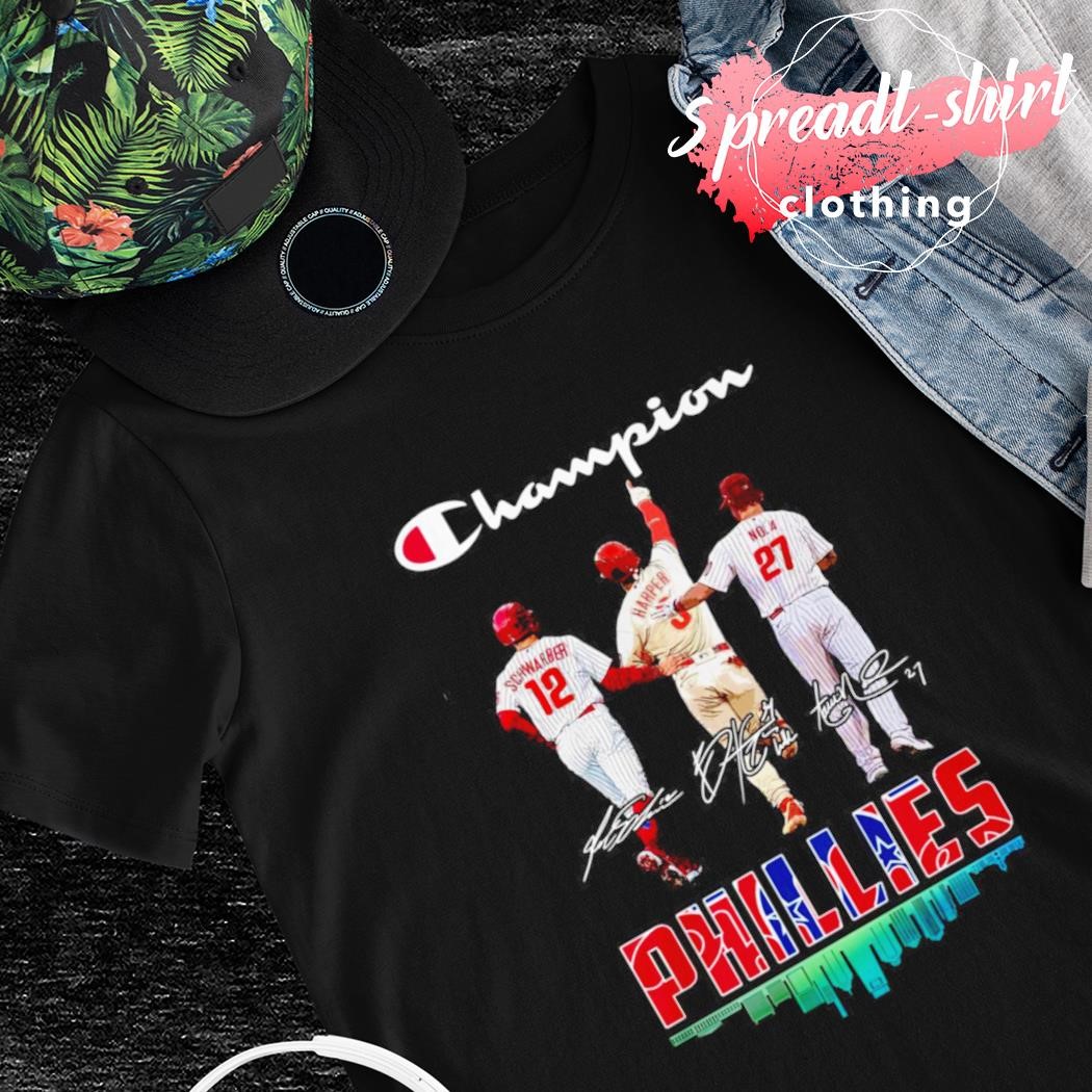 Champion Kyle Schwarber Bryce Harper And Aaron Nola Phillies city line  signature shirt, hoodie, sweater, long sleeve and tank top